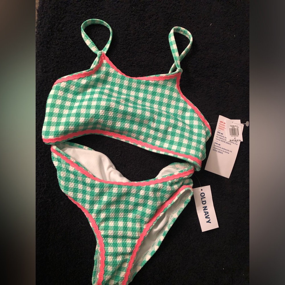 Old Navy Green and White Gingham Bikini with Pink Trim